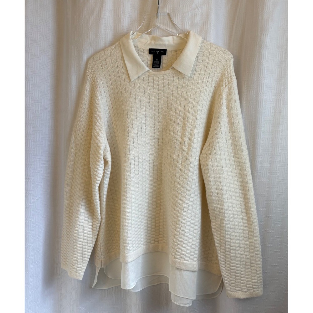Investments II Womens 2X Cream Layered Look Collar Sweater Textured Knit Top